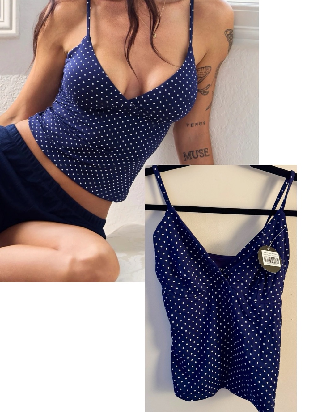NWT Klassy Network Navy Polka Dot Spaghetti Strap Cami